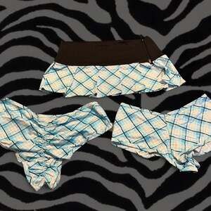 Vintage Y2K Espiral Deadstock Blue Plaid Micro Mini Skirt, Boyshort & Panty Set
